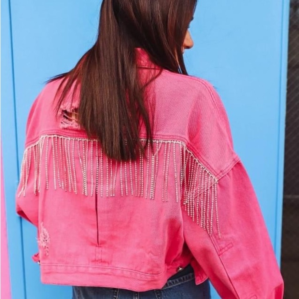 Pink Rhinestone Fringe Denim Jacket - Picture 2 of 2